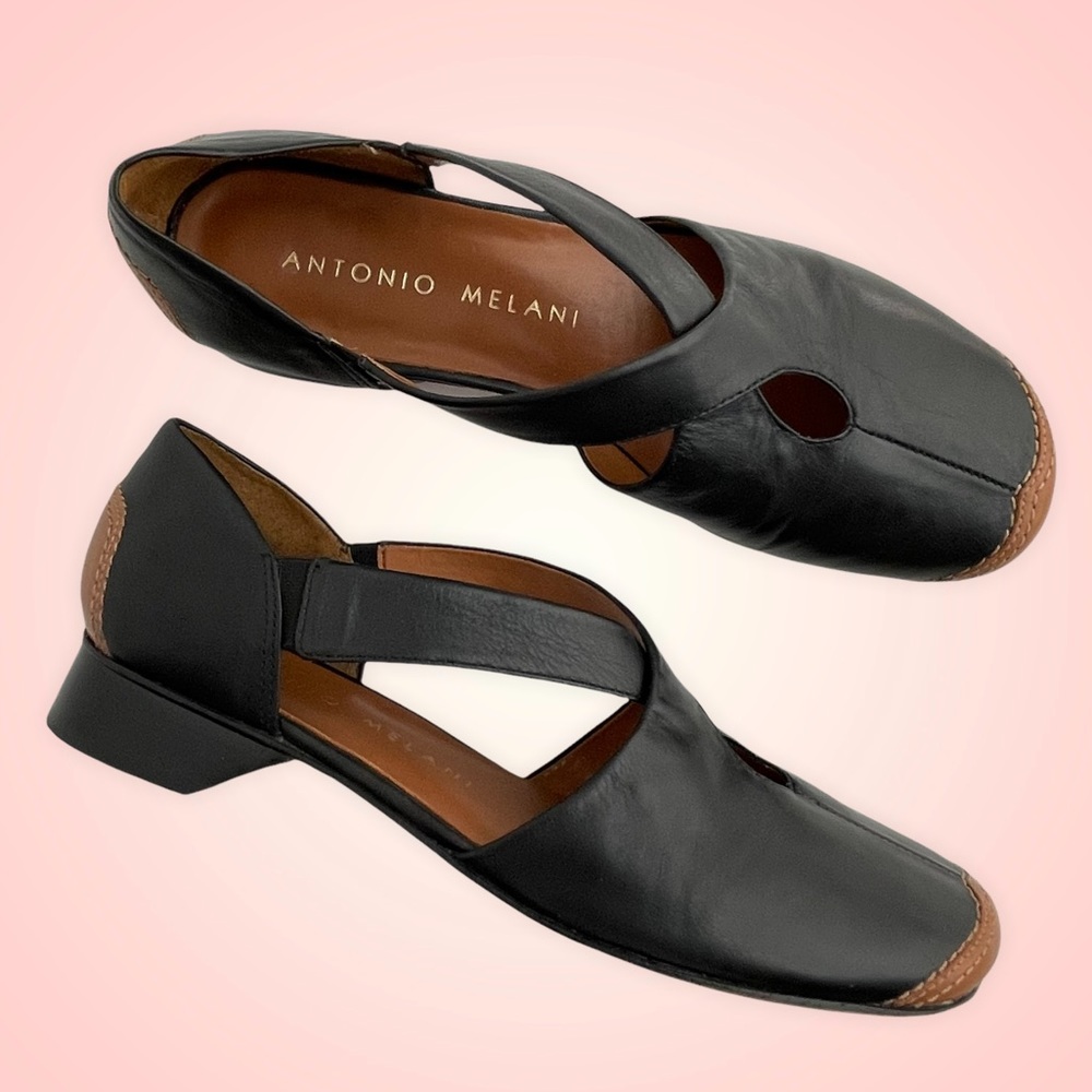 Antonio Melani Leather D’Orsay Flats w/ Crossover Straps Black w/ Brown Sz 7.5